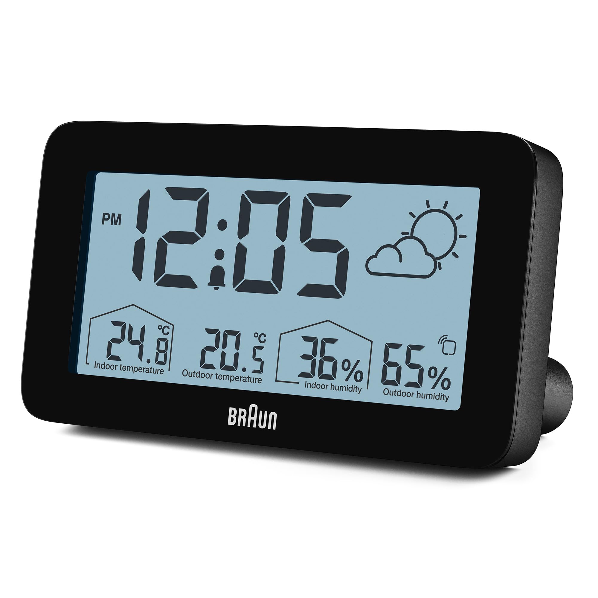 Braun Digital Weather Station Clock with Indoor Outdoor Temperature Humidity Forecast LCD Display Alarm Black BC13BP - in use