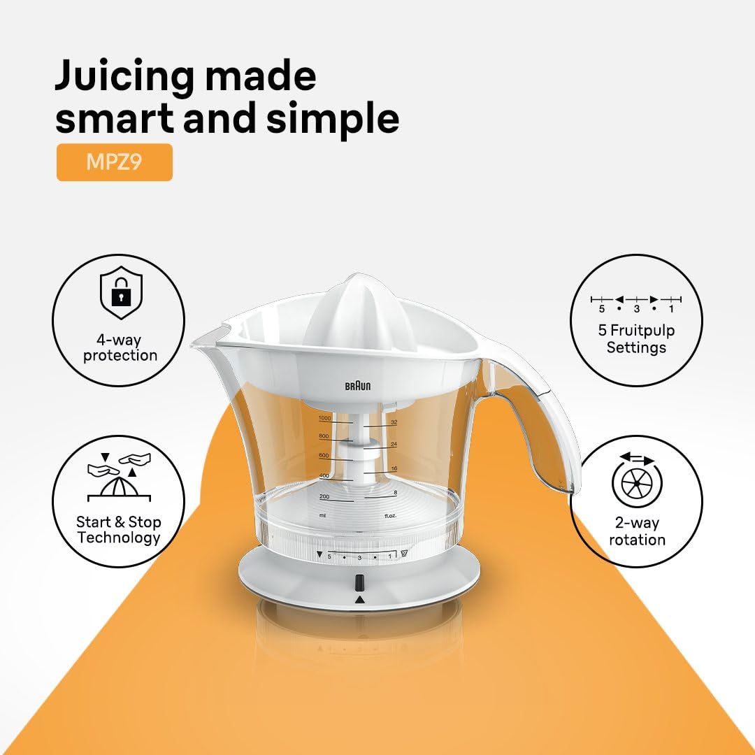 Braun Electric Citrus Juicer, 20 Watt, Adjustable Pulp Control, Auto Start Stop, Dishwasher Safe - label detail (12)