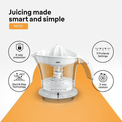 Braun Electric Citrus Juicer, 20 Watt, Adjustable Pulp Control, Auto Start Stop, Dishwasher Safe - label detail (12)