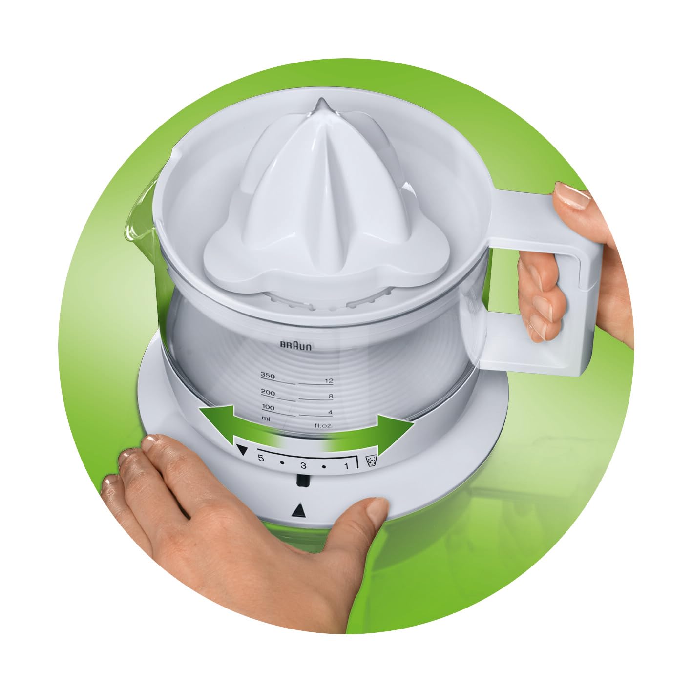 Braun Electric Citrus Juicer, 20 Watt, Adjustable Pulp Control, Auto Start Stop, Dishwasher Safe - front view