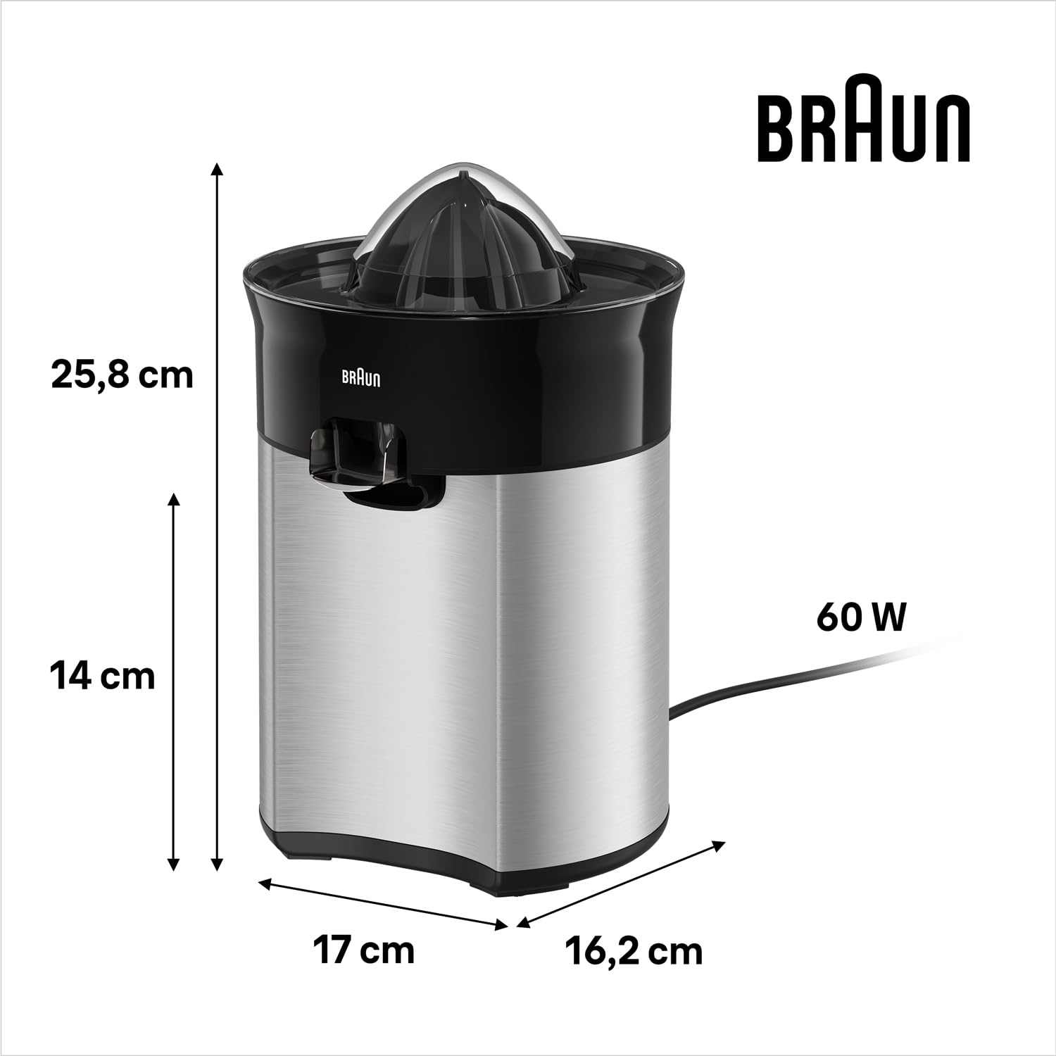 Braun Electric Citrus Juicer, 20 Watt, Adjustable Pulp Control, Auto Start Stop, Dishwasher Safe - size and scale
