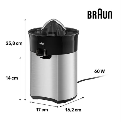 Braun Electric Citrus Juicer, 20 Watt, Adjustable Pulp Control, Auto Start Stop, Dishwasher Safe - size and scale