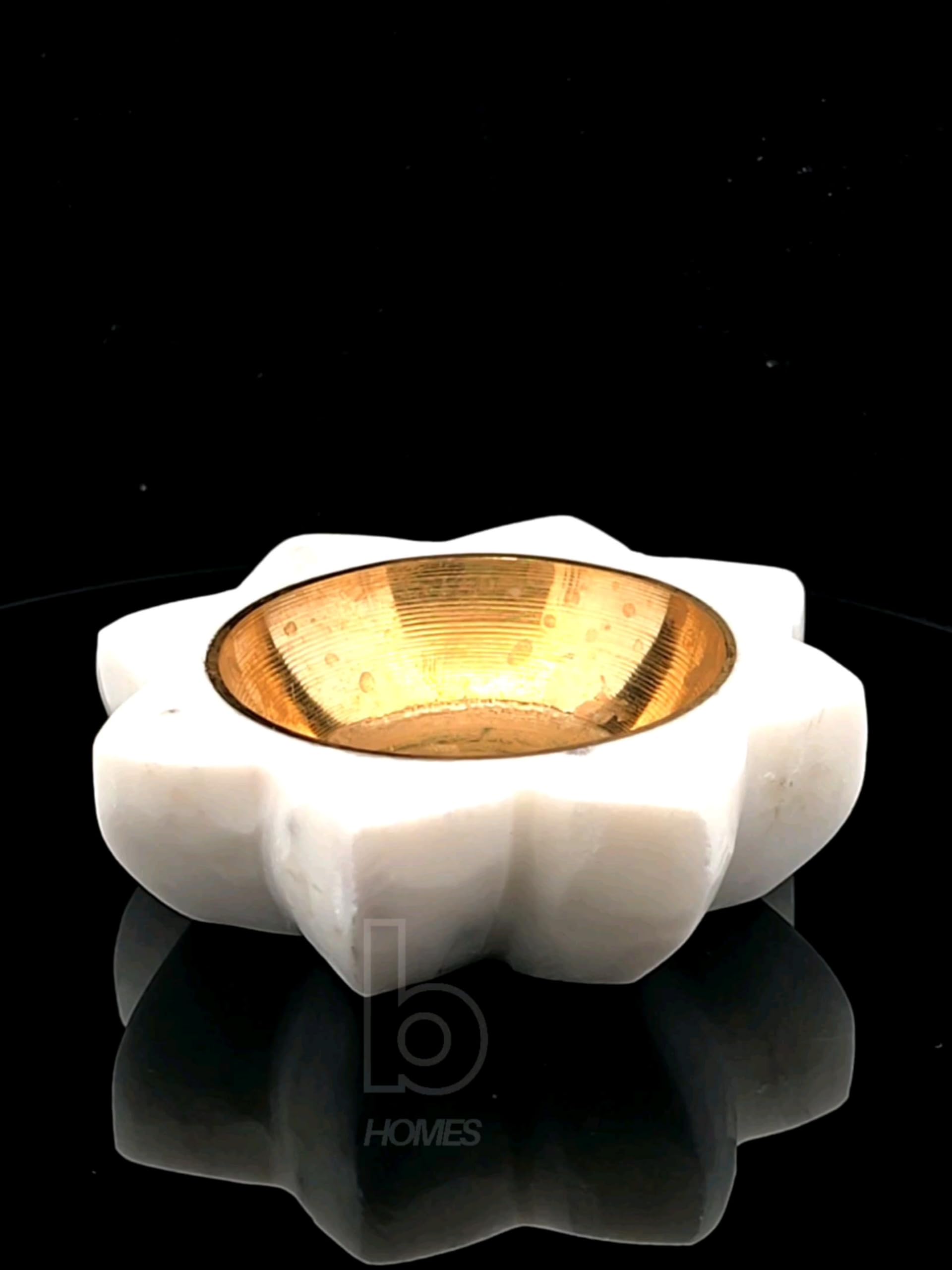 braun HOMES Handcrafted Marble and Brass Diya, 2 Pack, Sunflower Design, Home Decor Candle Holder - close-up detail