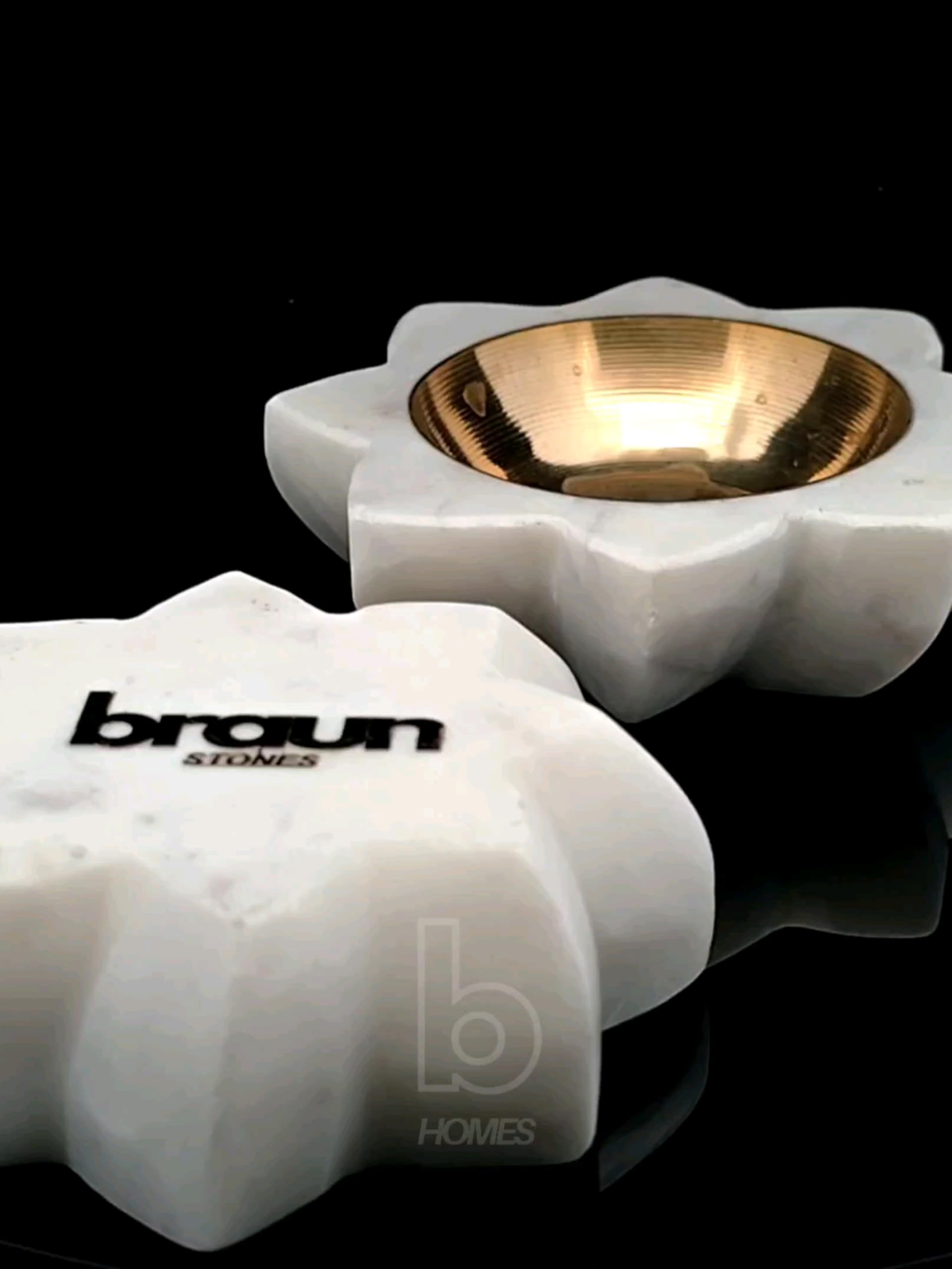braun HOMES Handcrafted Marble and Brass Diya, 2 Pack, Sunflower Design, Home Decor Candle Holder - in use