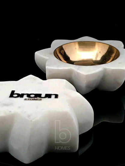 braun HOMES Handcrafted Marble and Brass Diya, 2 Pack, Sunflower Design, Home Decor Candle Holder - in use