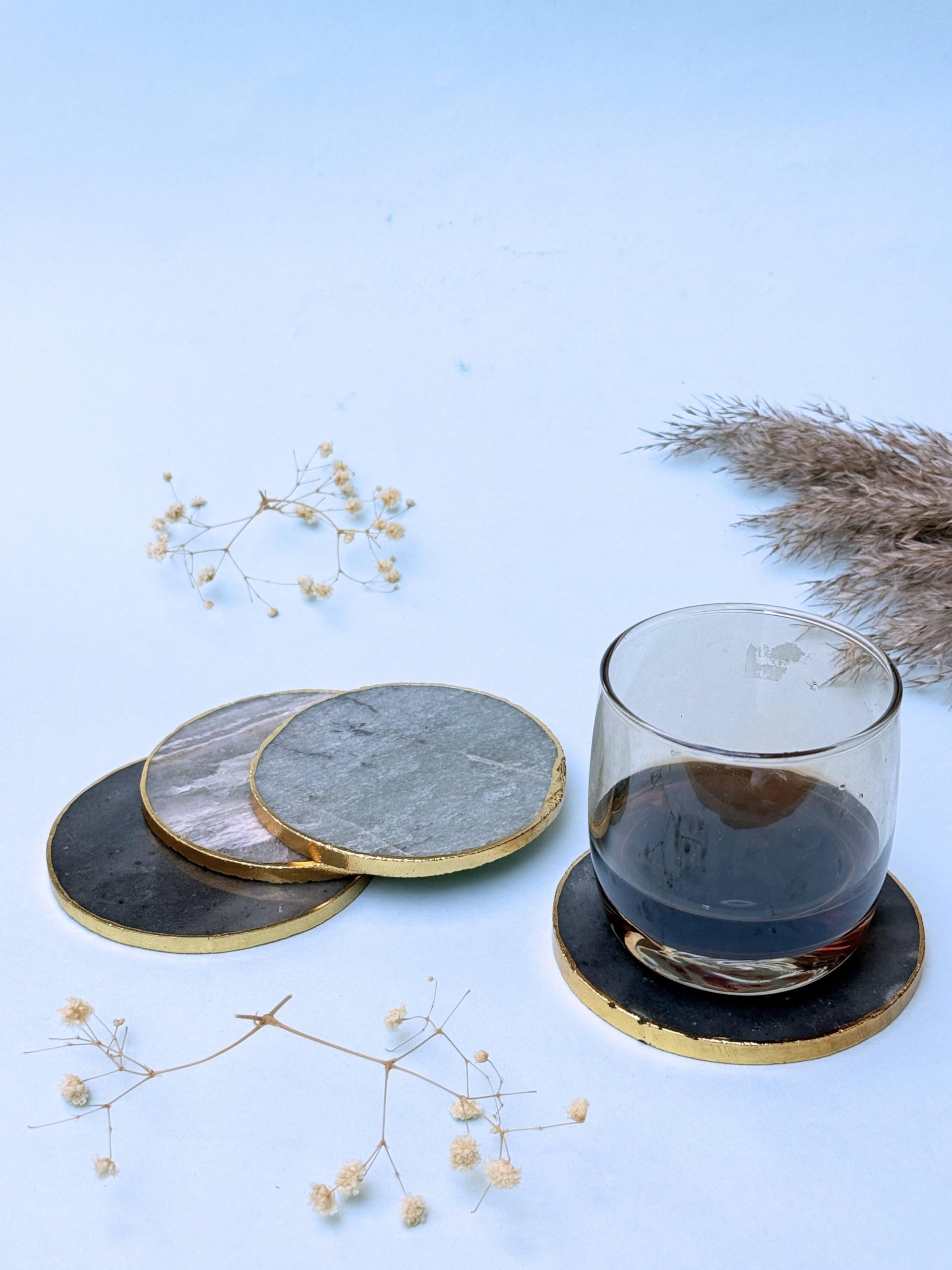 braun HOMES Natural Agate Stone Coasters Set of 2 - Round Drink Coasters with Gold Edges for Home Office - back view (26)