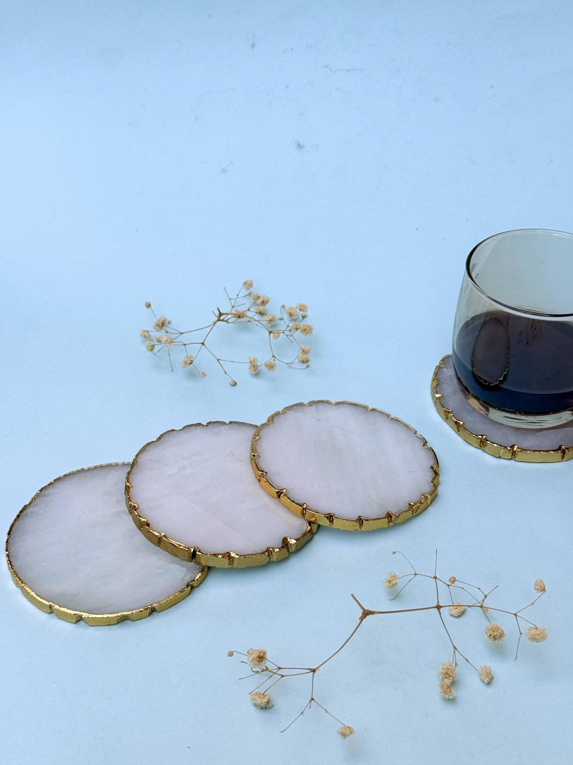 braun HOMES Natural Agate Stone Coasters Set of 2 - Round Drink Coasters with Gold Edges for Home Office - back view (33)