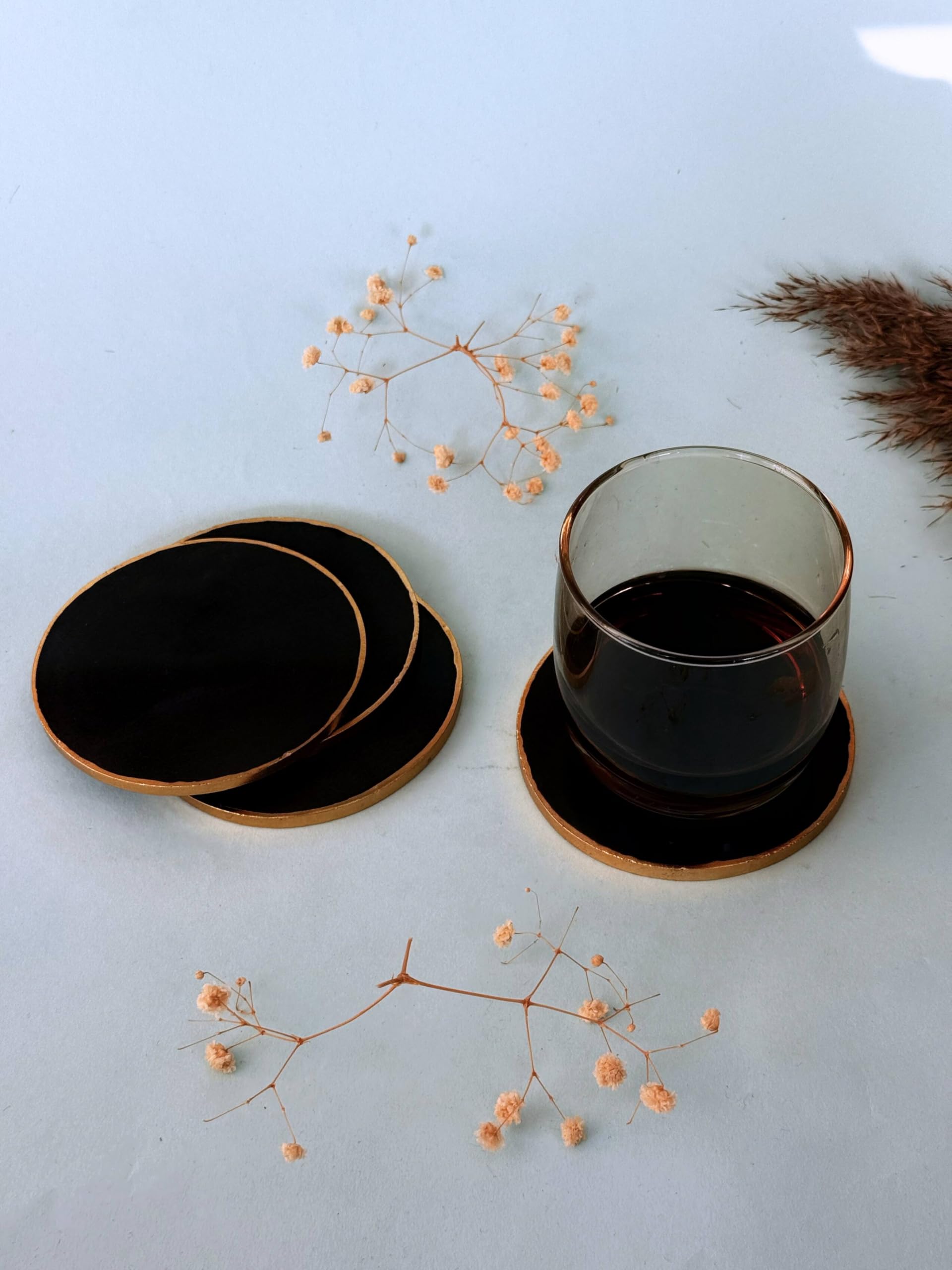 braun HOMES Natural Agate Stone Coasters Set of 2 - Round Drink Coasters with Gold Edges for Home Office - label detail