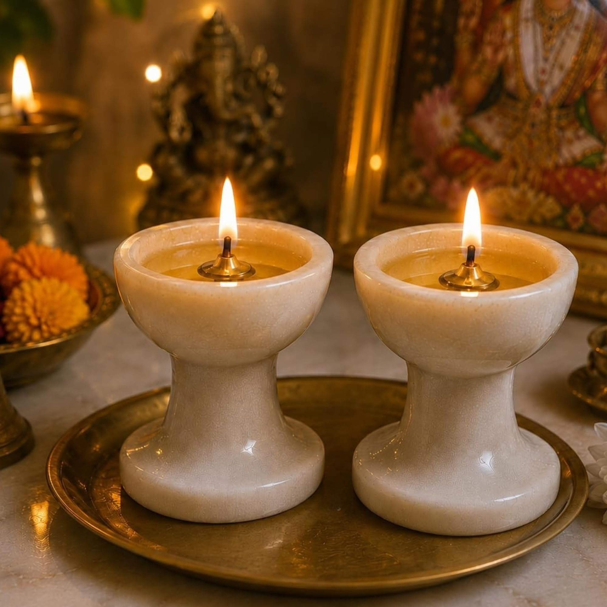 braun HOMES Natural Marble Diya Tea Light Holder, White and Gold, 160g, Tealight Candle Holder for Home Decor - packaging (17