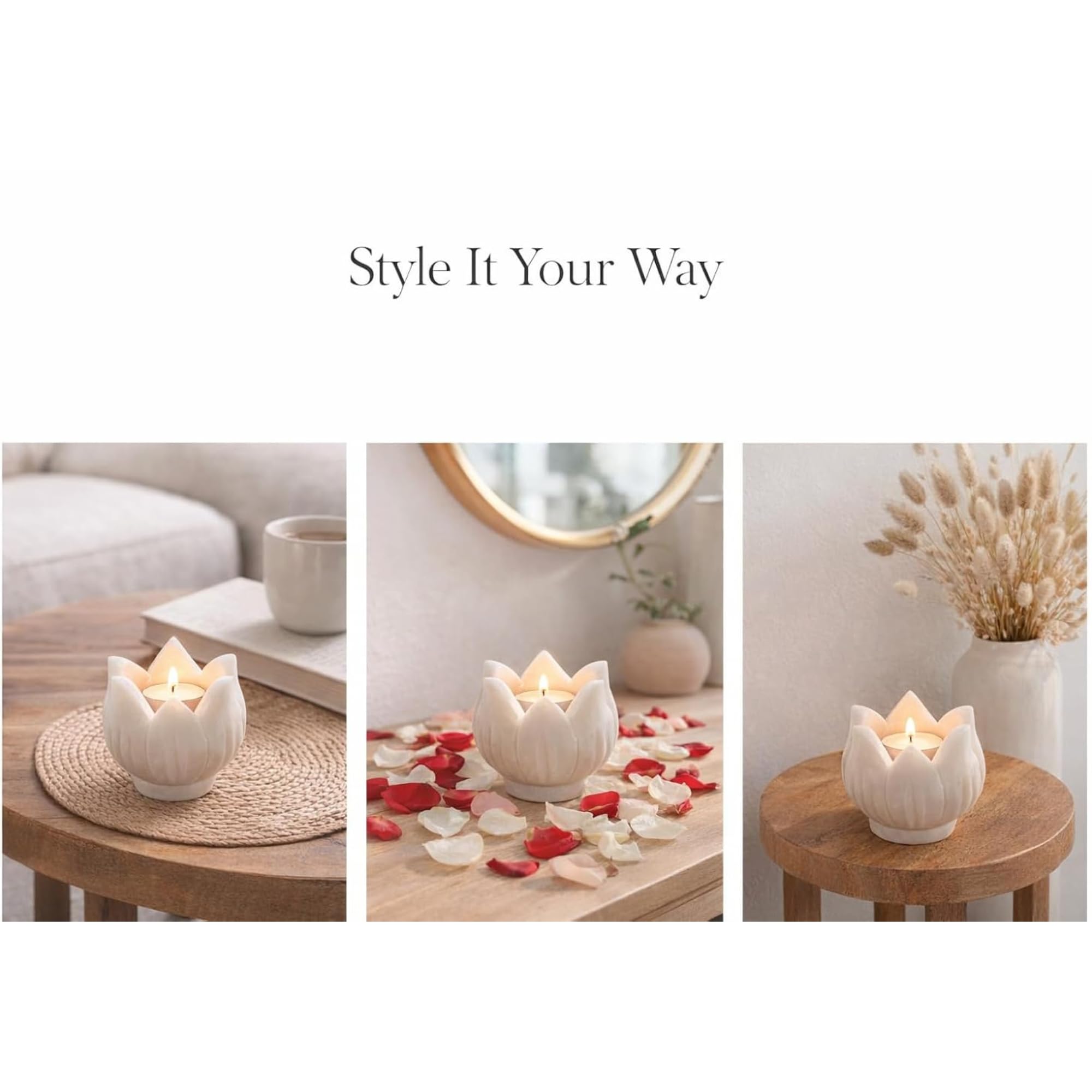 braun HOMES Natural Marble Diya Tea Light Holder, White and Gold, 160g, Tealight Candle Holder for Home Decor - close-up deta