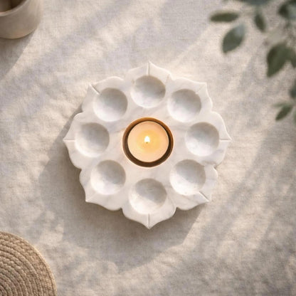braun HOMES Natural Marble Diya Tea Light Holder, White and Gold, 160g, Tealight Candle Holder for Home Decor - back view
