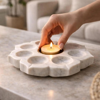 braun HOMES Natural Marble Diya Tea Light Holder, White and Gold, 160g, Tealight Candle Holder for Home Decor - label detail