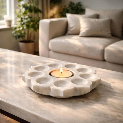 braun HOMES Natural Marble Diya Tea Light Holder, White and Gold, 160g, Tealight Candle Holder for Home Decor - in use