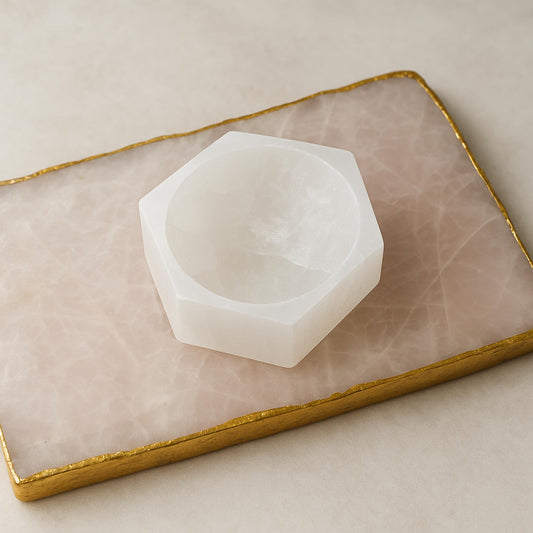 Braun HOMES Selenite Charging Tray Hexagon 5x5x2 Inch Natural Selenite Stone Decorative Tray