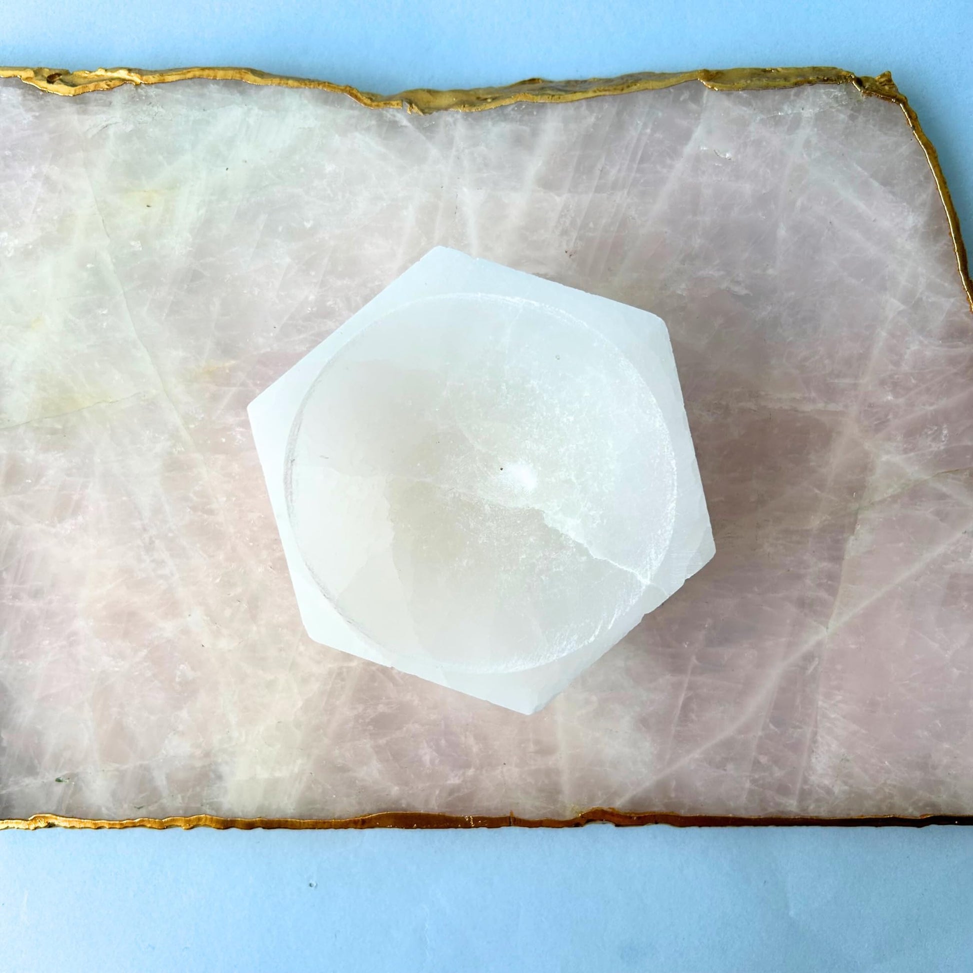 Braun HOMES Selenite Charging Tray Hexagon 5x5x2 Inch Natural Selenite Stone Decorative Tray - back view