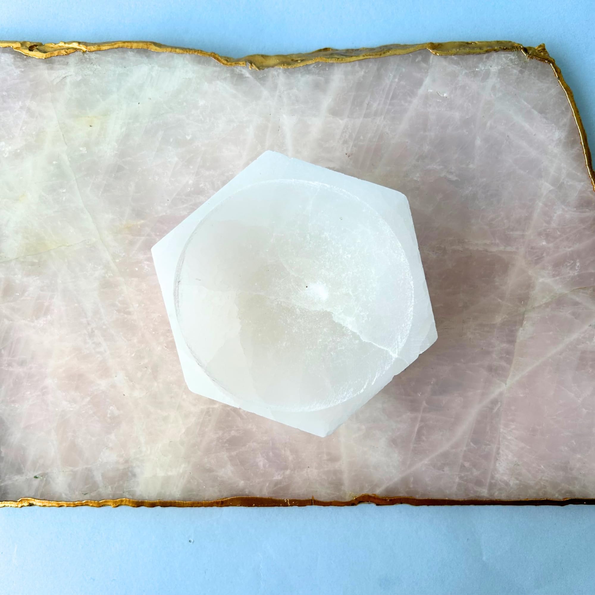Braun HOMES Selenite Charging Tray Hexagon 5x5x2 Inch Natural Selenite Stone Decorative Tray - back view