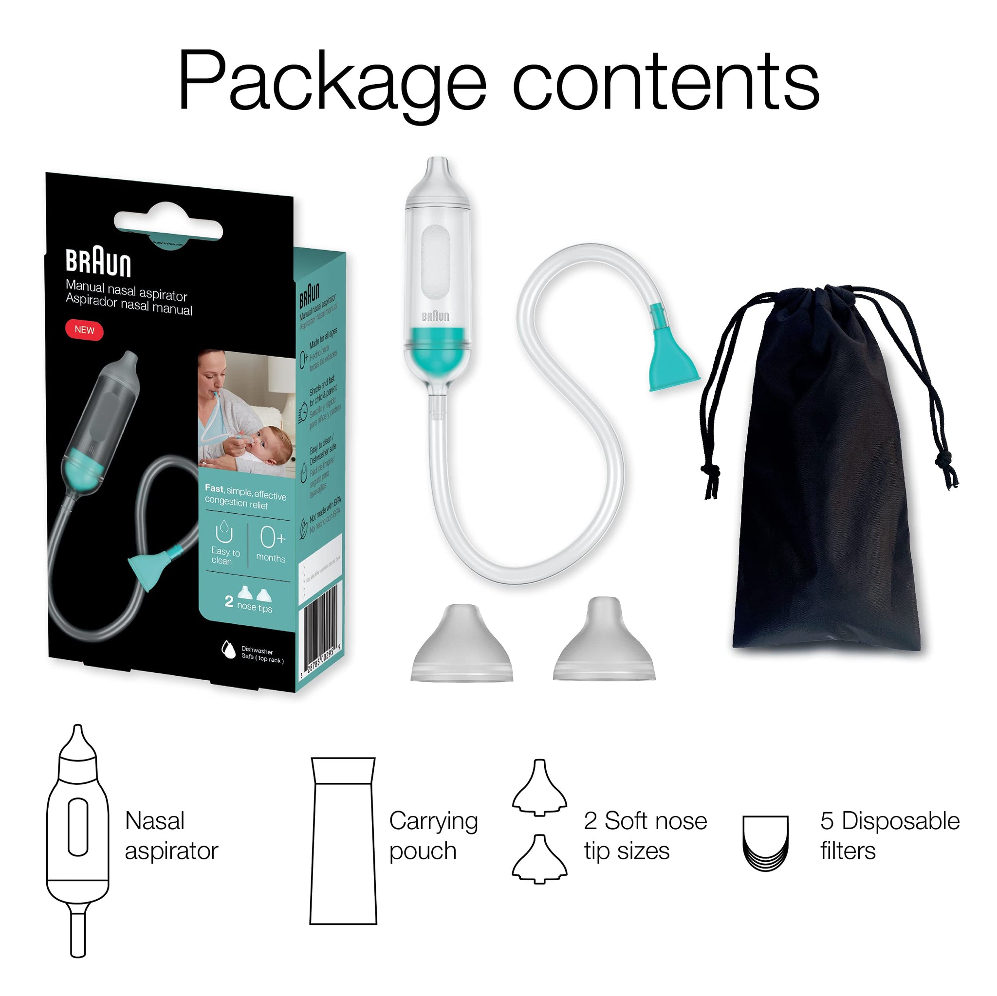 Braun Manual Nasal Aspirator - Nose Suction Tool, 2 Tips, for Newborns and Infants, Dishwasher Safe - label detail