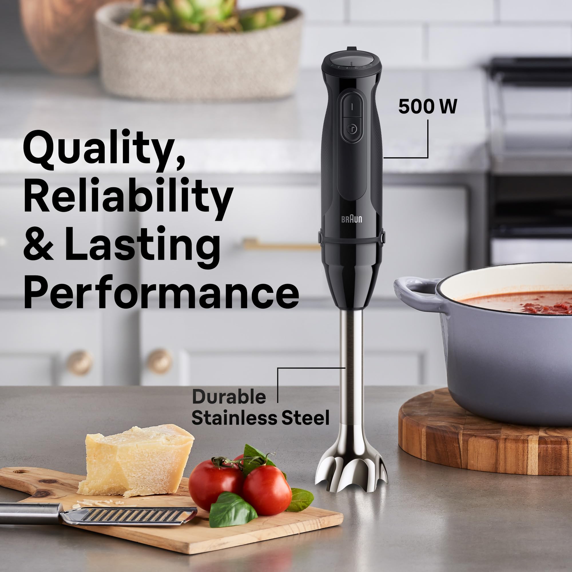 Braun MQ50001M Vario Hand Blender, 21-Speed Immersion Blender with PowerBell VPlus, 500W, Stainless Steel Blades - label deta