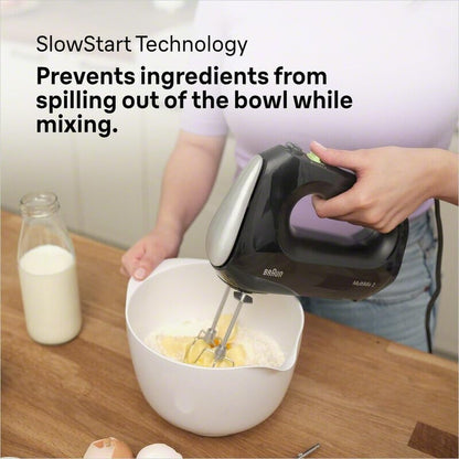 Braun Multimix 2 Hand Mixer, Black, 250W, 5 Speeds, with Beaters and Dough Hooks - front view