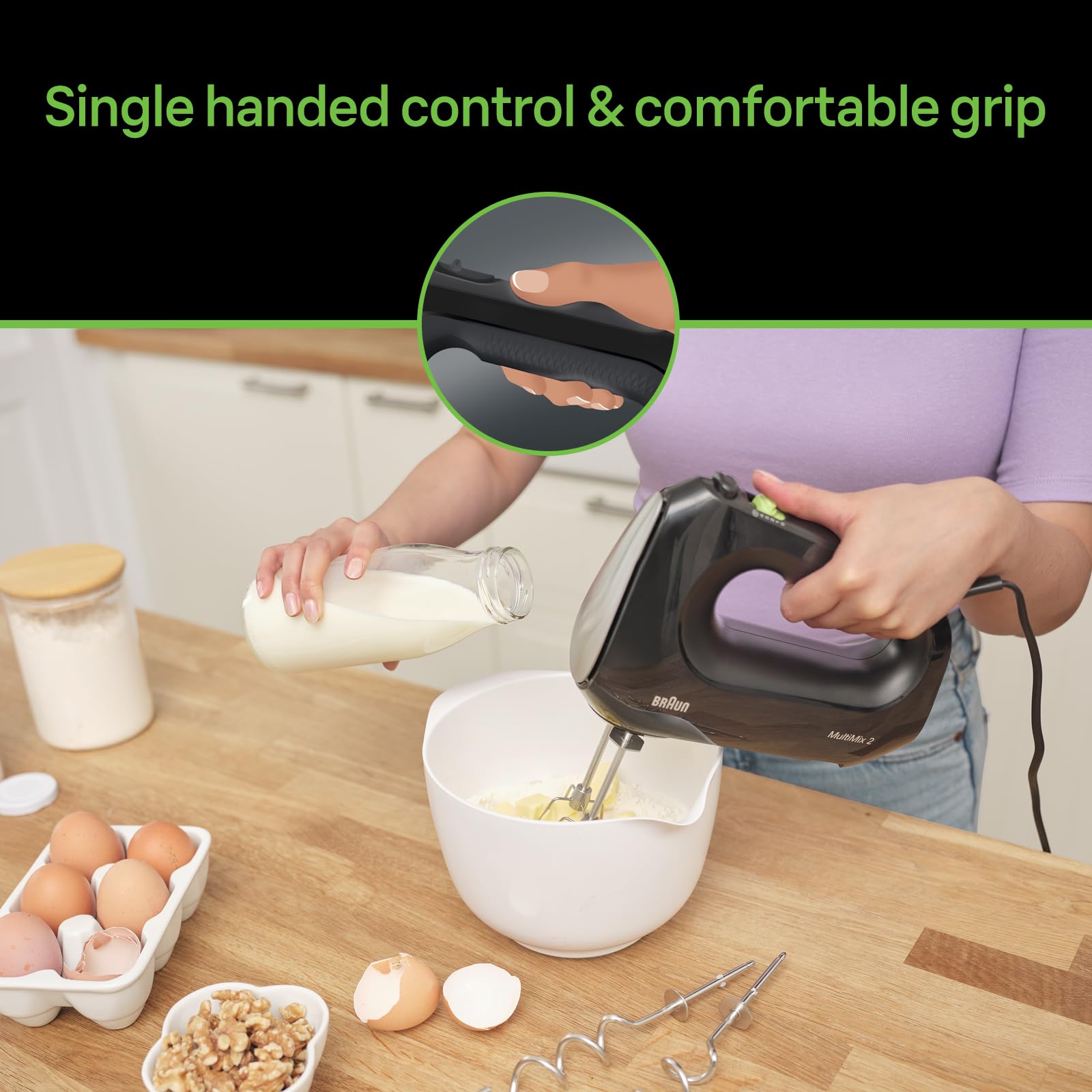 Braun Multimix 2 Hand Mixer, Black, 250W, 5 Speeds, with Beaters and Dough Hooks - back view