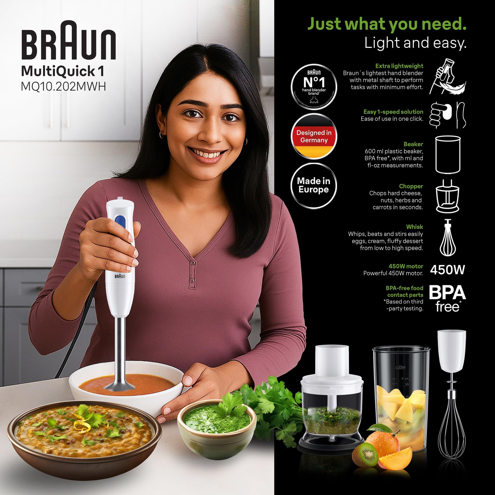 Braun MultiQuick 1 Hand Blender 450W Stainless Steel White Made in Europe EasyTwist Technology - front view (17)