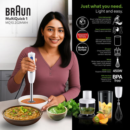 Braun MultiQuick 1 Hand Blender 450W Stainless Steel White Made in Europe EasyTwist Technology - front view (17)
