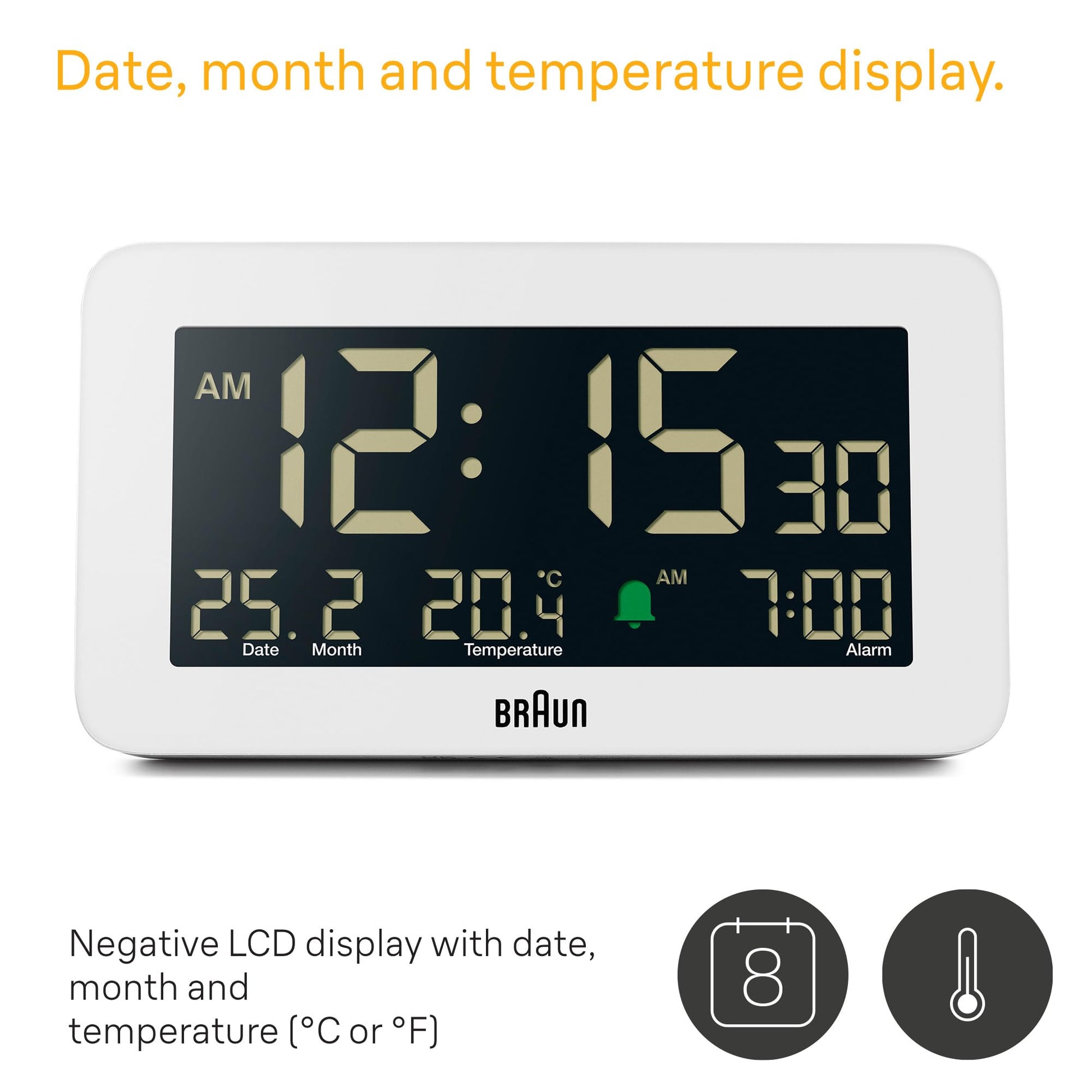 Braun Plastic Digital Alarm Clock with Date Month Temperature Display, Negative LCD, Quick Set, Crescendo Beep Alarm, White,