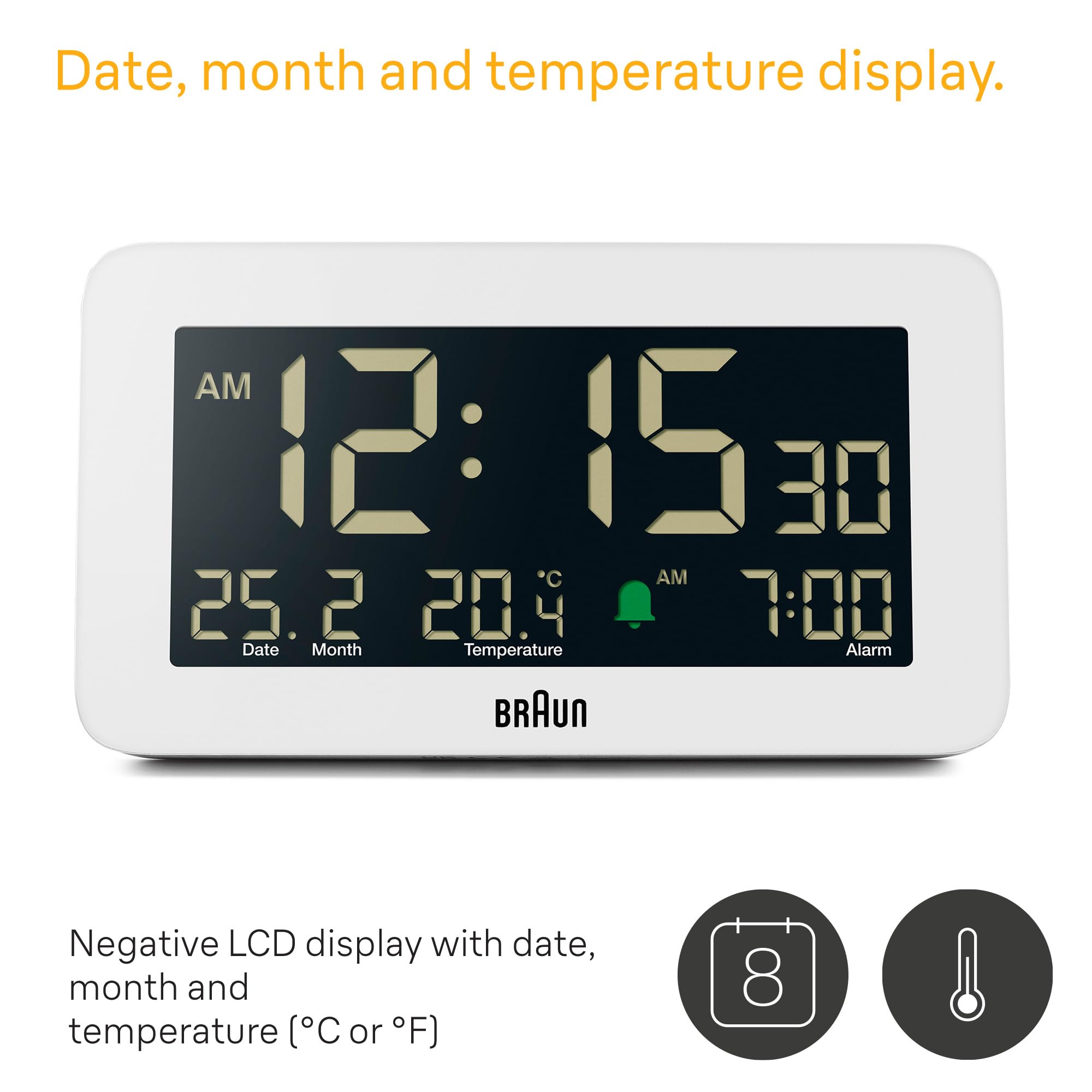 Braun Plastic Digital Alarm Clock with Date Month Temperature Display, Negative LCD, Quick Set, Crescendo Beep Alarm, White,
