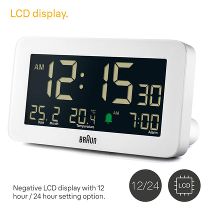 Braun Plastic Digital Alarm Clock with Date Month Temperature Display, Negative LCD, Quick Set, Crescendo Beep Alarm, White, 