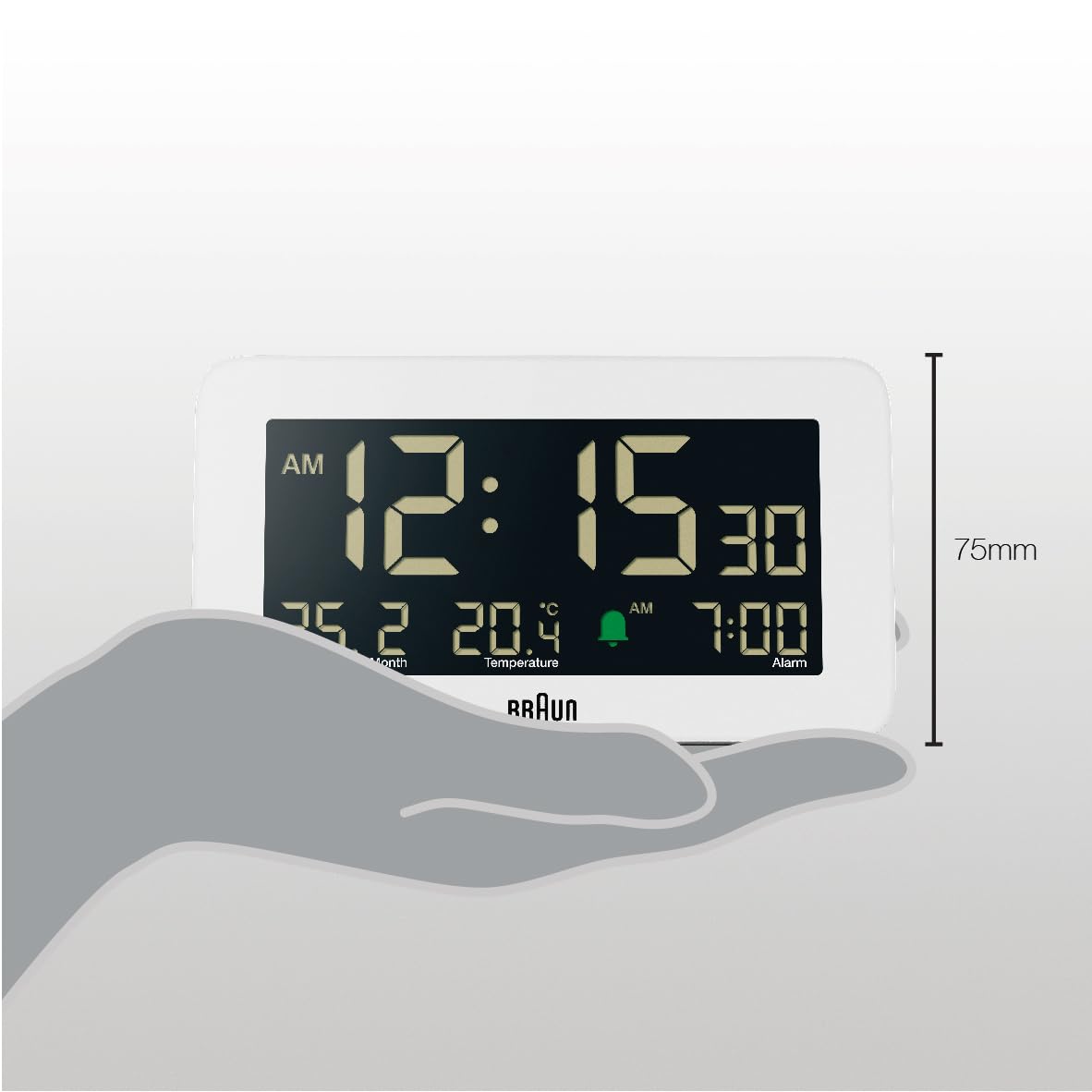 Braun Plastic Digital Alarm Clock with Date Month Temperature Display, Negative LCD, Quick Set, Crescendo Beep Alarm, White, 