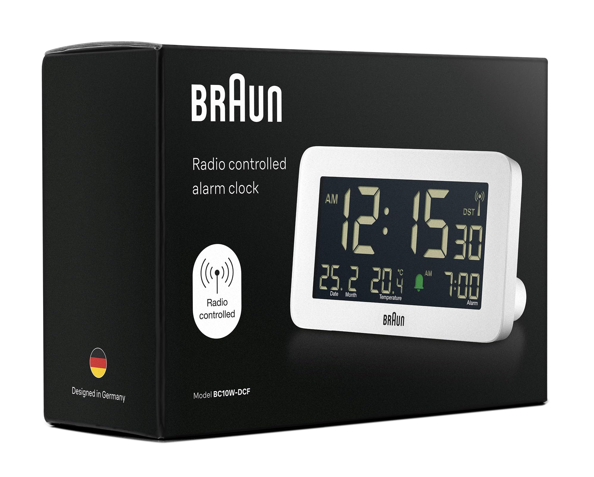 Braun Plastic Digital Alarm Clock with Date Month Temperature Display, Negative LCD, Quick Set, Crescendo Beep Alarm, White, 