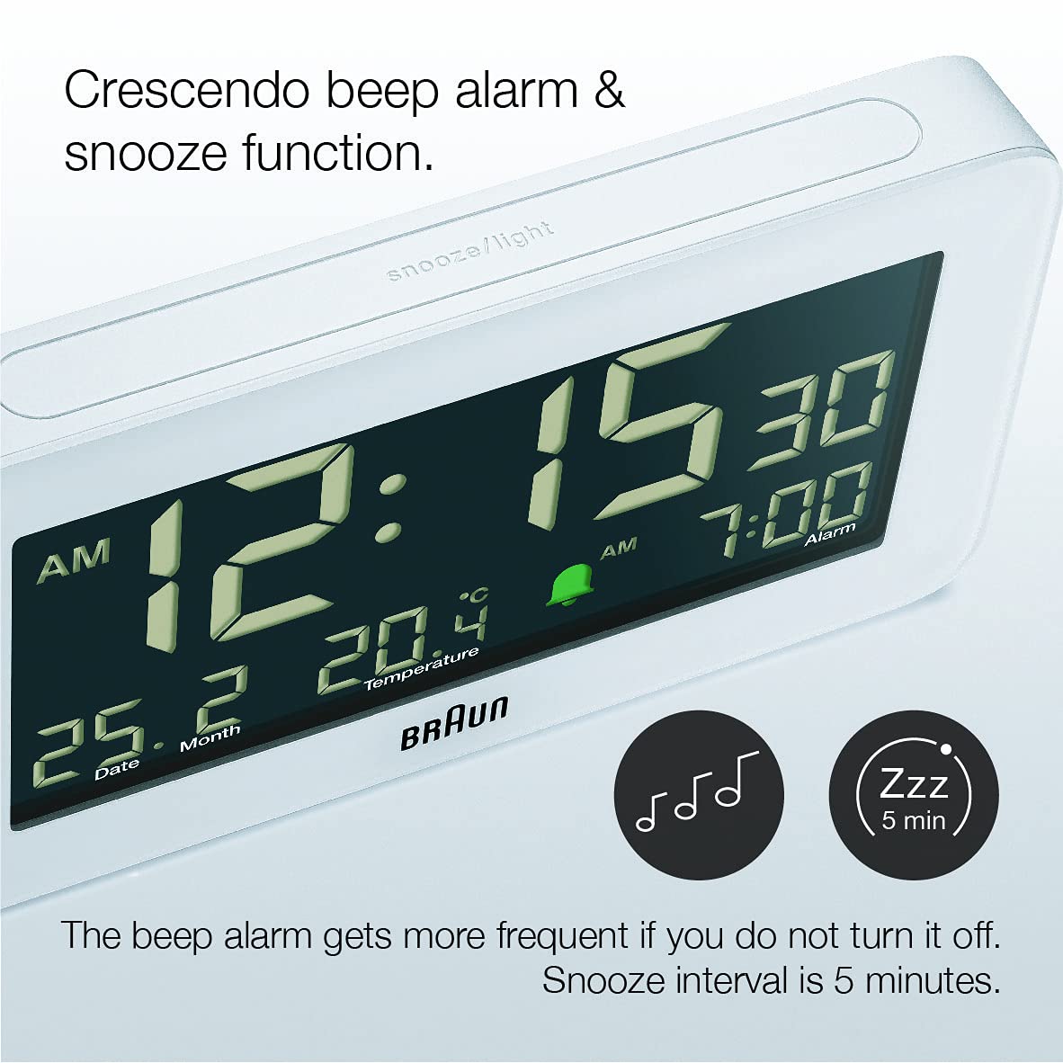 Braun Plastic Digital Alarm Clock with Date Month Temperature Display, Negative LCD, Quick Set, Crescendo Beep Alarm, White, 