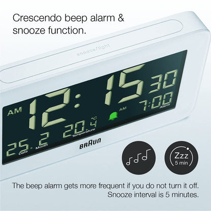 Braun Plastic Digital Alarm Clock with Date Month Temperature Display, Negative LCD, Quick Set, Crescendo Beep Alarm, White, 