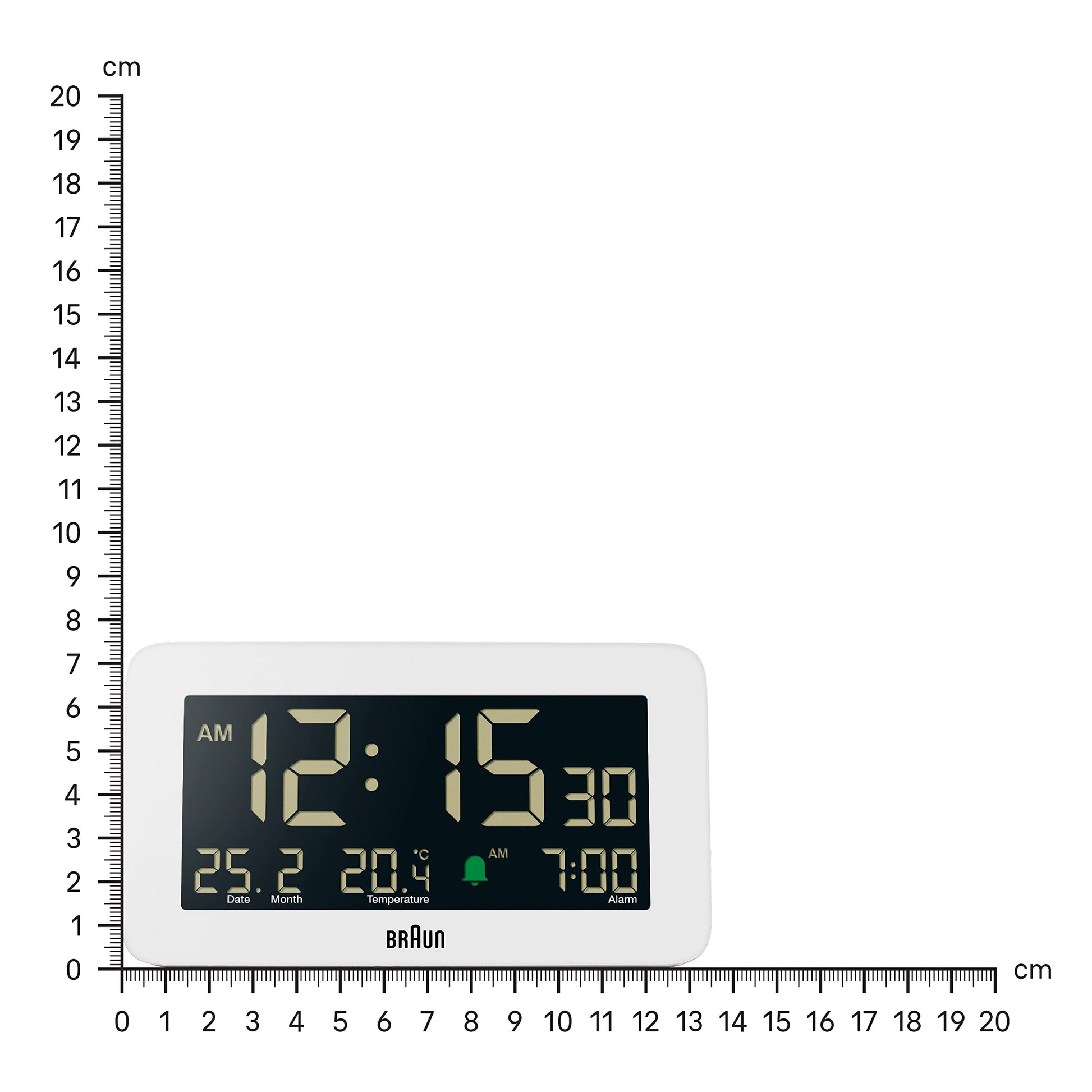 Braun Plastic Digital Alarm Clock with Date Month Temperature Display, Negative LCD, Quick Set, Crescendo Beep Alarm, White, 