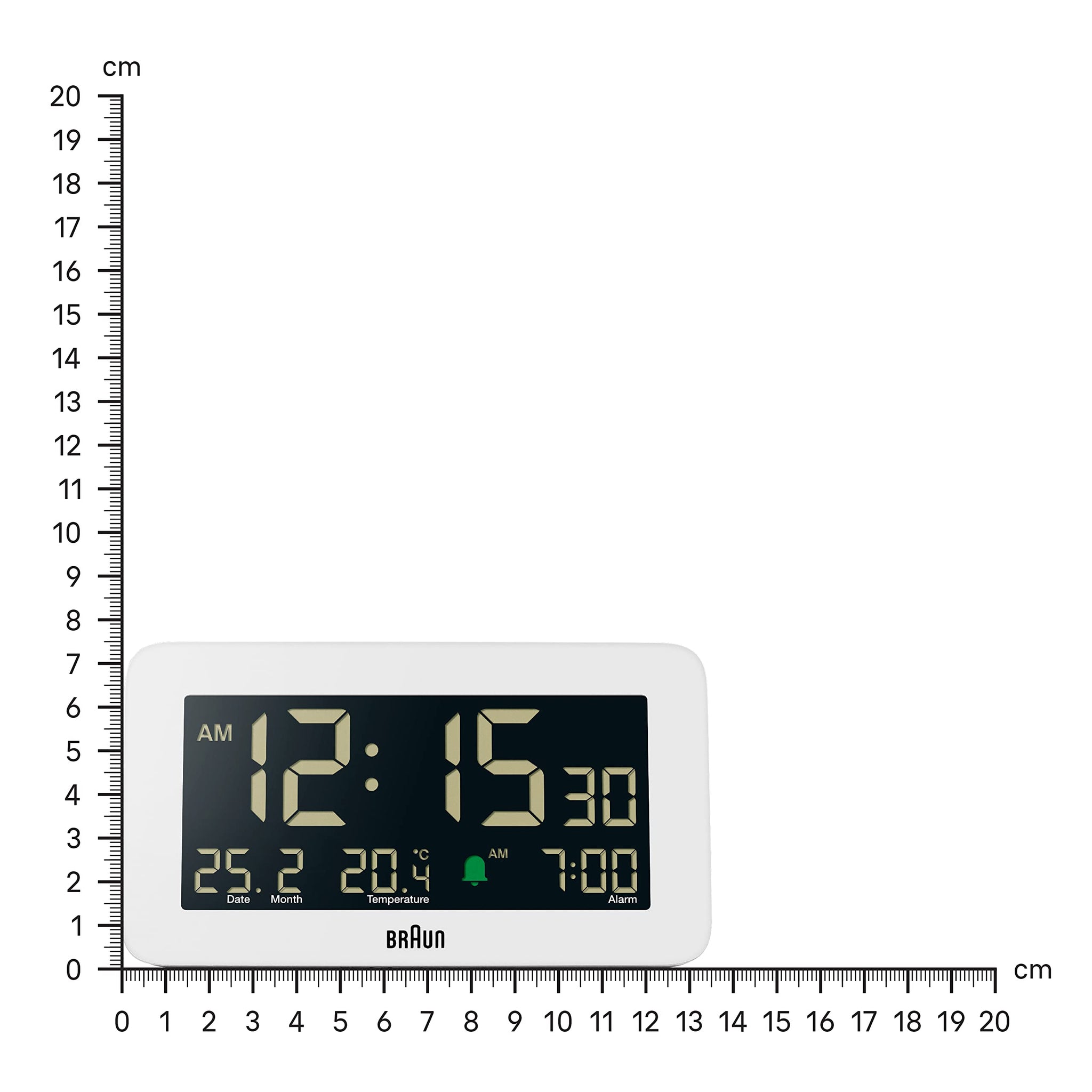 Braun Plastic Digital Alarm Clock with Date Month Temperature Display, Negative LCD, Quick Set, Crescendo Beep Alarm, White, 