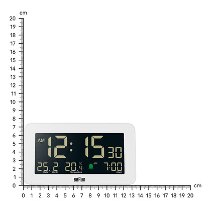 Braun Plastic Digital Alarm Clock with Date Month Temperature Display, Negative LCD, Quick Set, Crescendo Beep Alarm, White, 