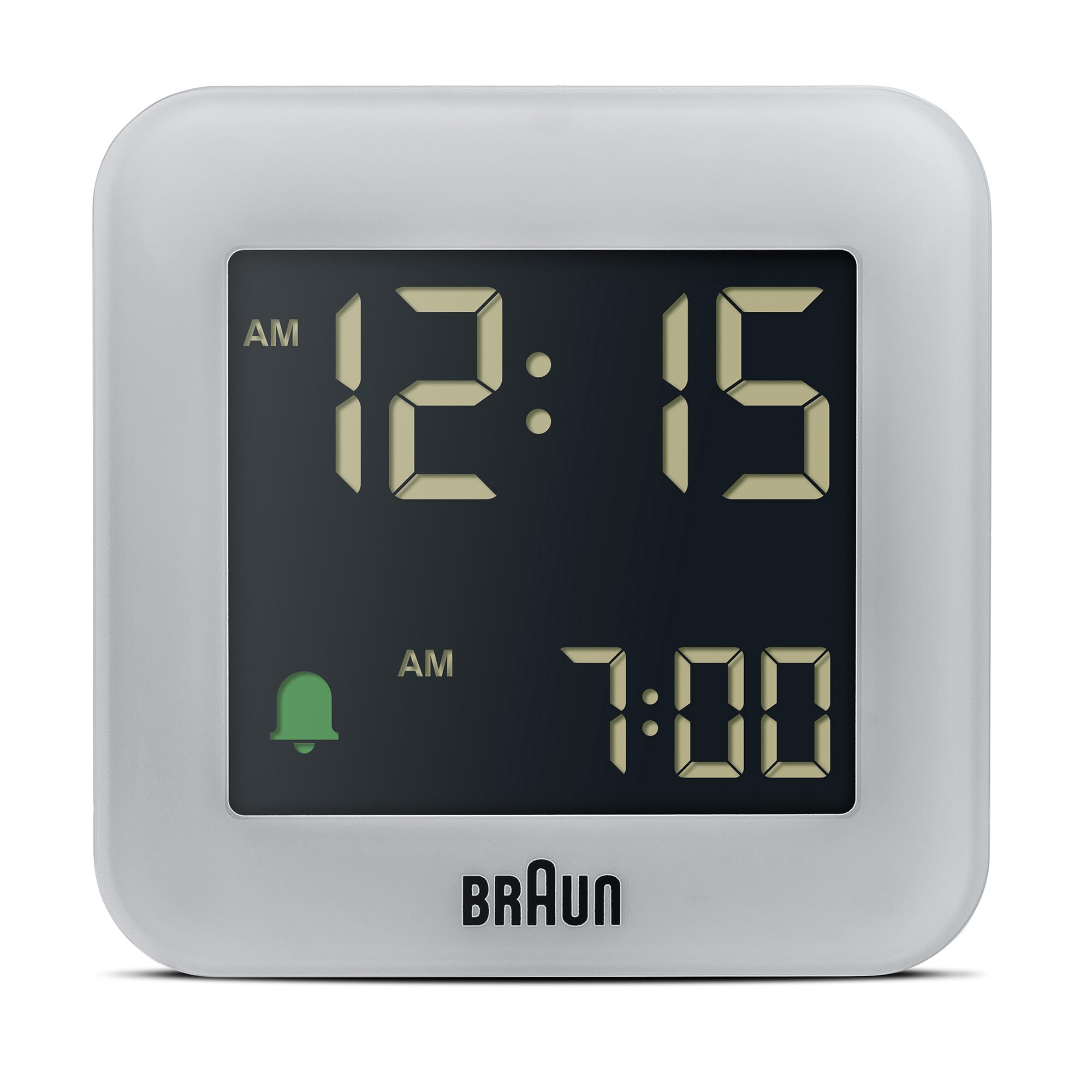 Braun Plastic Digital Travel Alarm Clock with Snooze, Compact Size, Negative LCD Display, Gray, Model BC08G