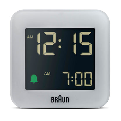 Braun Plastic Digital Travel Alarm Clock with Snooze, Compact Size, Negative LCD Display, Gray, Model BC08G