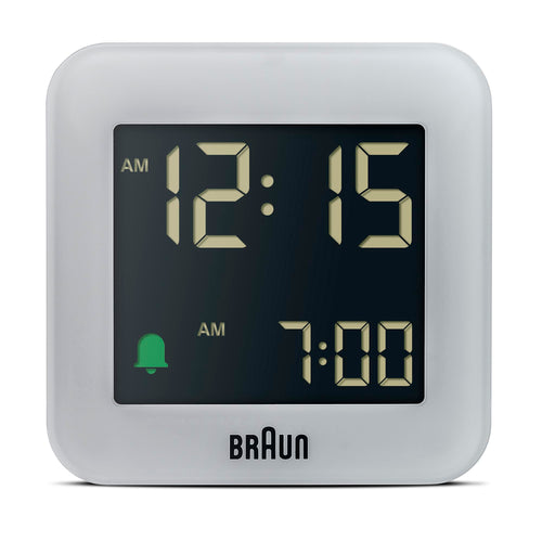 Braun Plastic Digital Travel Alarm Clock with Snooze, Compact Size, Negative LCD Display, Gray, Model BC08G