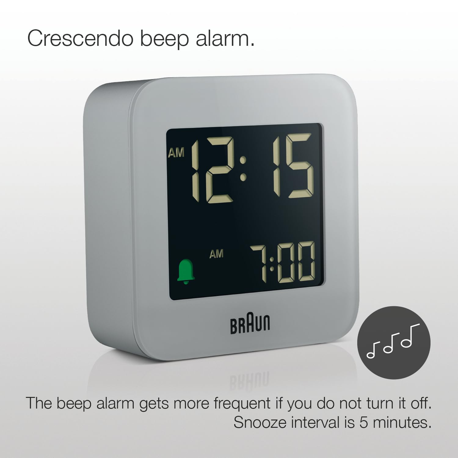 Braun Plastic Digital Travel Alarm Clock with Snooze, Compact Size, Negative LCD Display, Gray, Model BC08G - front view