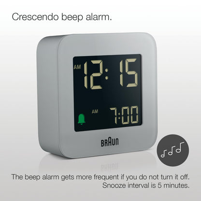 Braun Plastic Digital Travel Alarm Clock with Snooze, Compact Size, Negative LCD Display, Gray, Model BC08G - front view