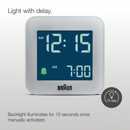 Braun Plastic Digital Travel Alarm Clock with Snooze, Compact Size, Negative LCD Display, Gray, Model BC08G - back view