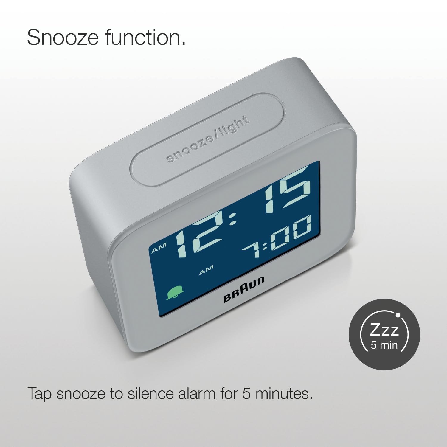 Braun Plastic Digital Travel Alarm Clock with Snooze, Compact Size, Negative LCD Display, Gray, Model BC08G - packaging