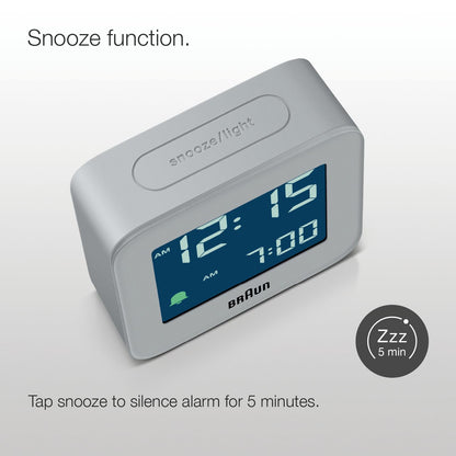 Braun Plastic Digital Travel Alarm Clock with Snooze, Compact Size, Negative LCD Display, Gray, Model BC08G - packaging