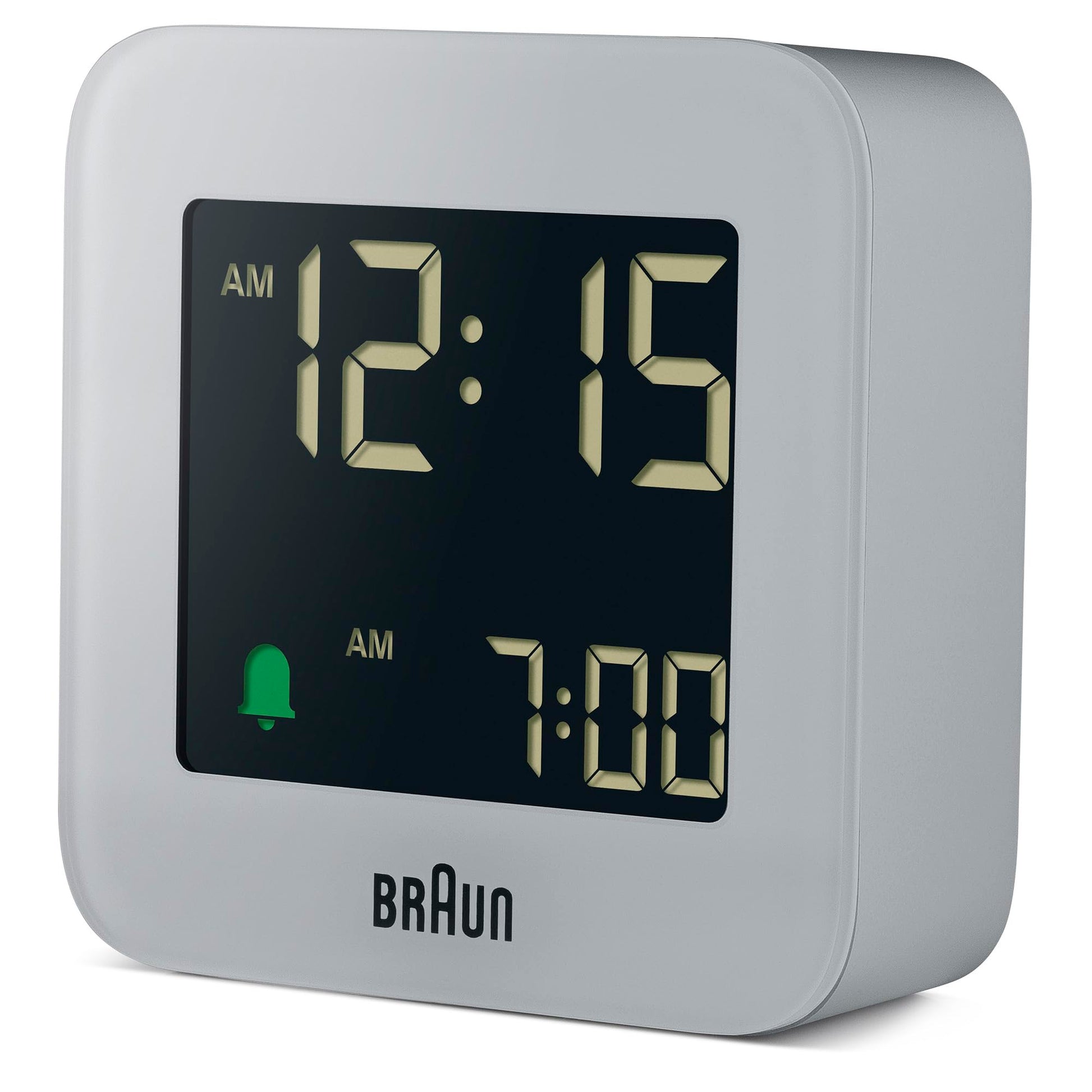 Braun Plastic Digital Travel Alarm Clock with Snooze, Compact Size, Negative LCD Display, Gray, Model BC08G - in use