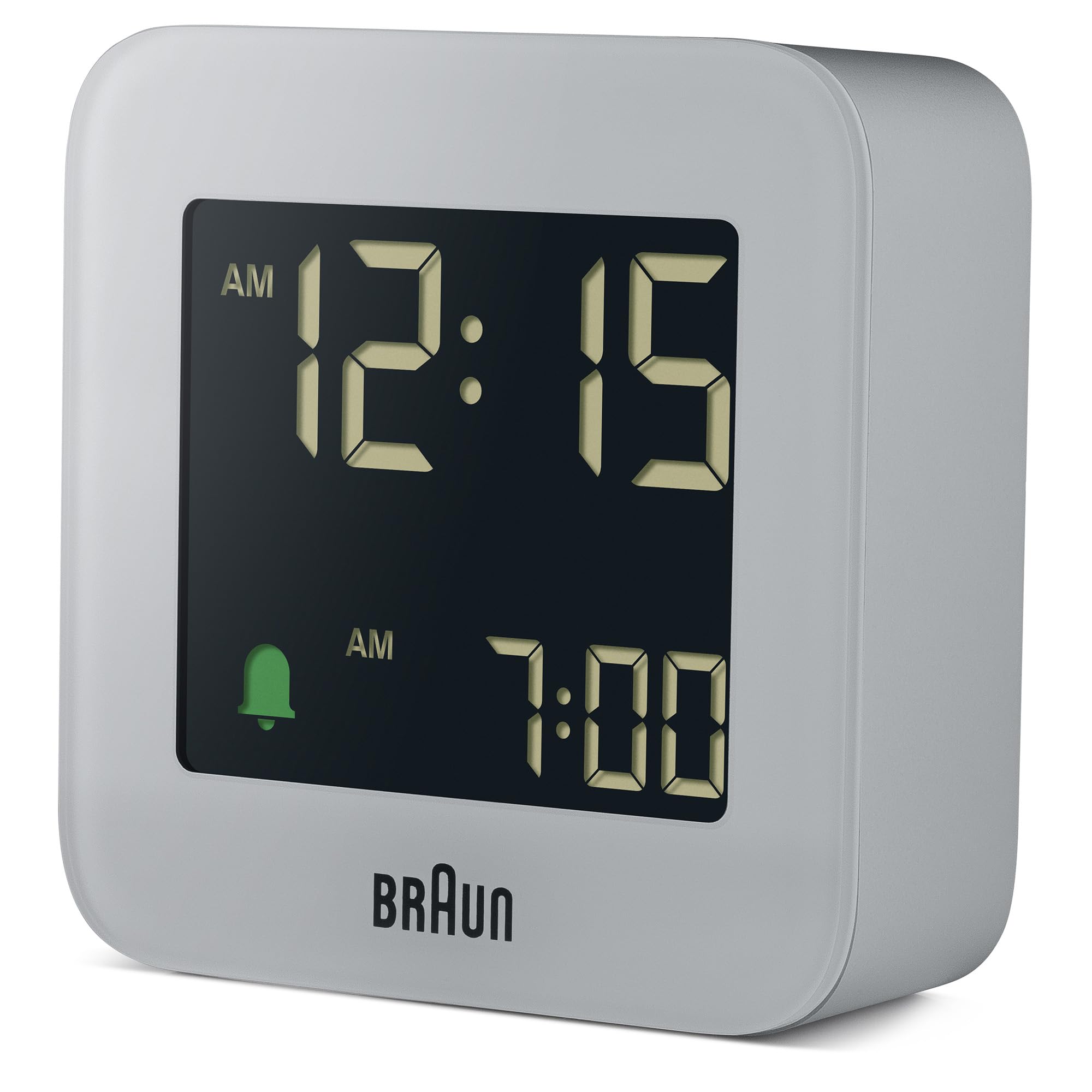 Braun Plastic Digital Travel Alarm Clock with Snooze, Compact Size, Negative LCD Display, Gray, Model BC08G - in use
