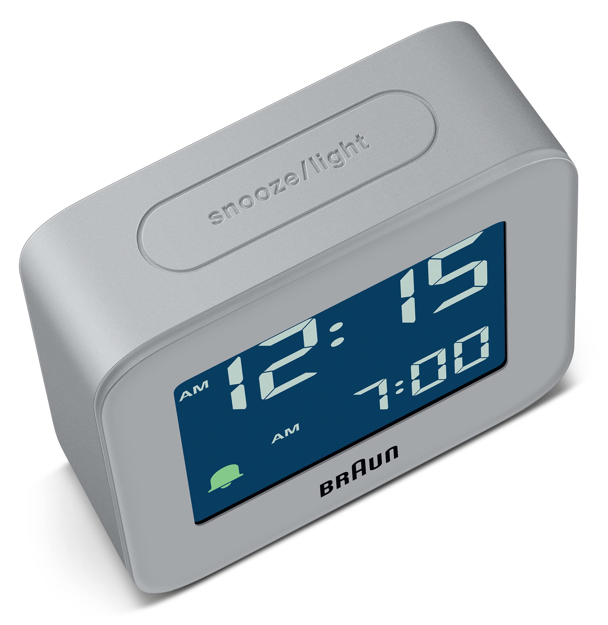 Braun Plastic Digital Travel Alarm Clock with Snooze, Compact Size, Negative LCD Display, Gray, Model BC08G - size and scale