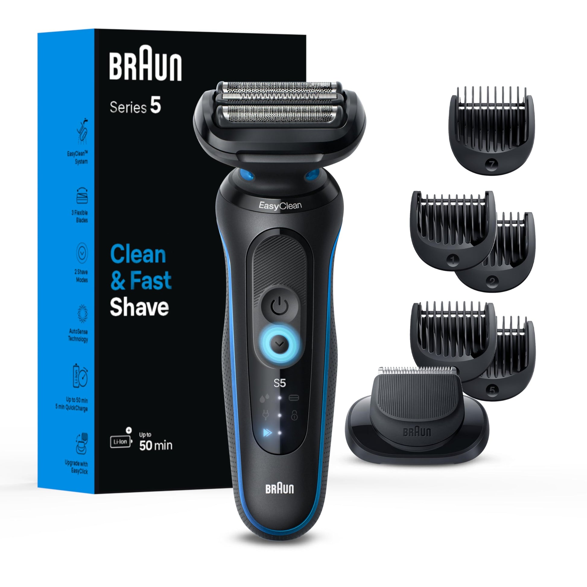 Braun Series 5 5120s Electric Shaver for Men - Wet & Dry Foil Shaver with Turbo Mode and Beard Trimmer - 7-Piece Set, Blue