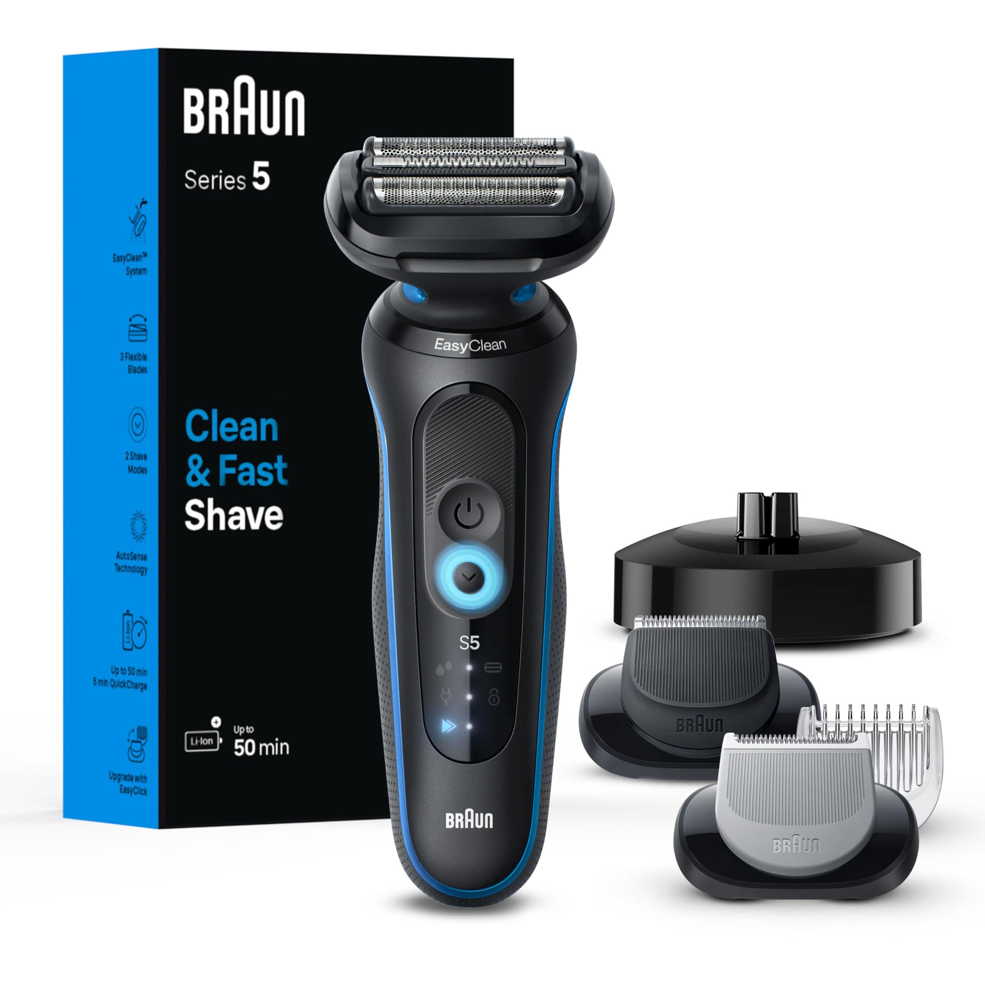 Braun Series 5 Electric Shaver, Foil Shaver with Senso Flex and Auto Sense, Wet/Dry, 50 Min Runtime