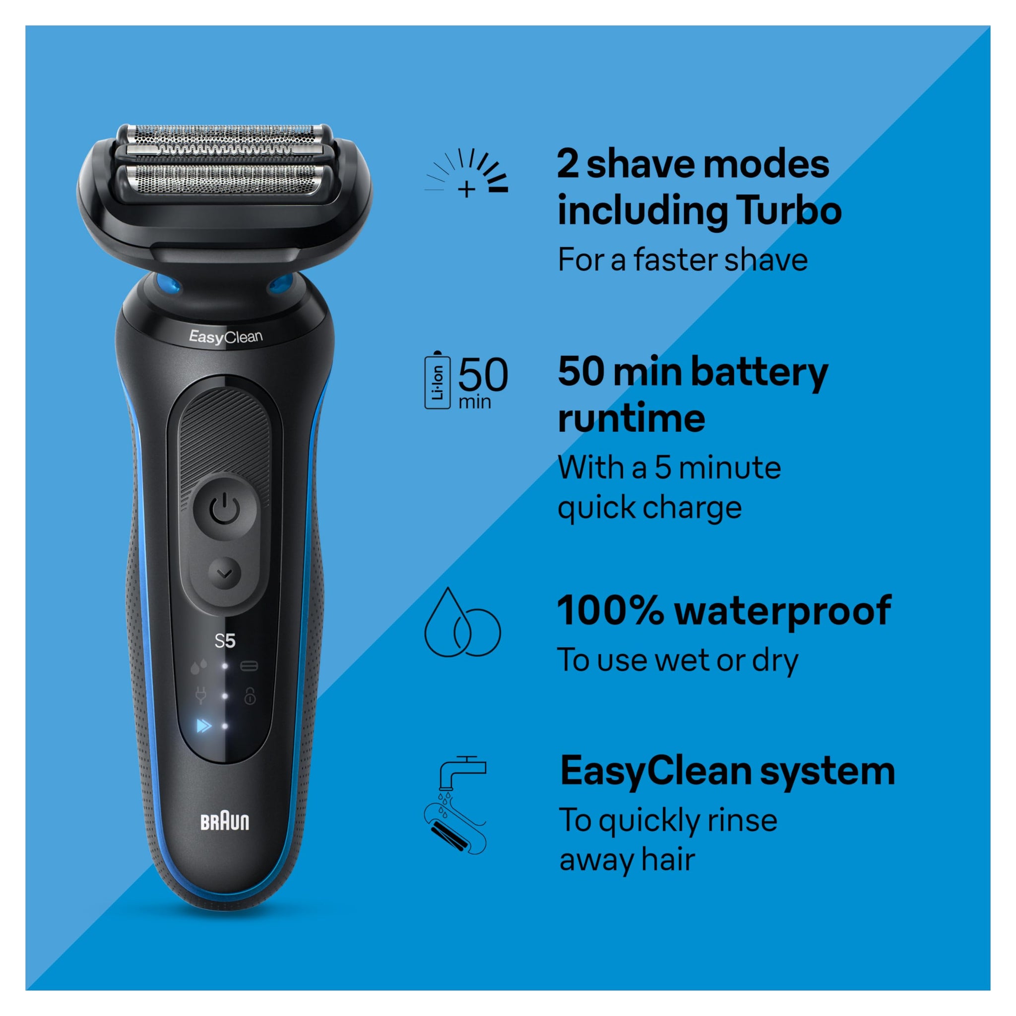 Braun Series 5 Electric Shaver, Foil Shaver with Senso Flex and Auto Sense, Wet/Dry, 50 Min Runtime - front view